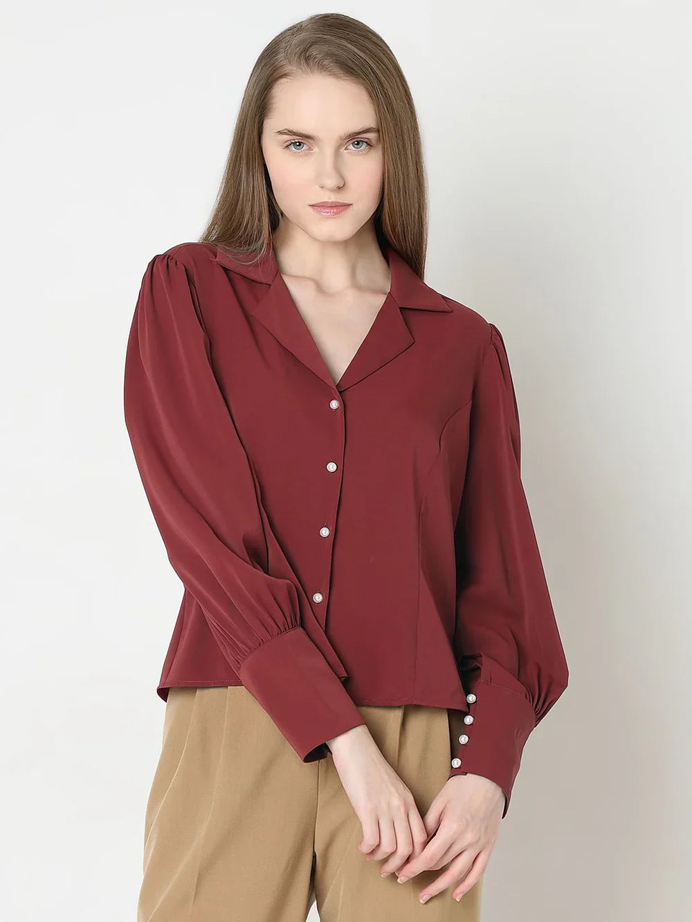 BRICK RED CUFFED SLEEVES SHIRT