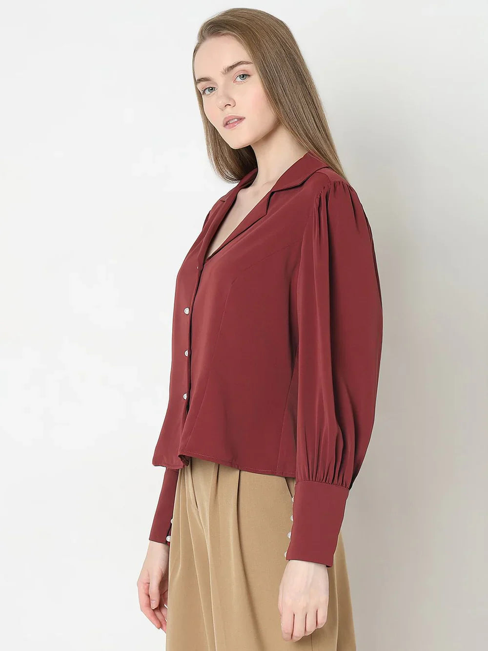 BRICK RED CUFFED SLEEVES SHIRT