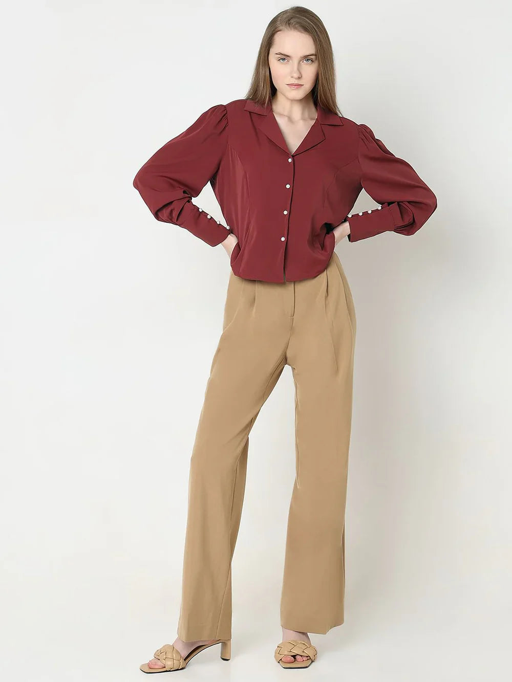 BRICK RED CUFFED SLEEVES SHIRT