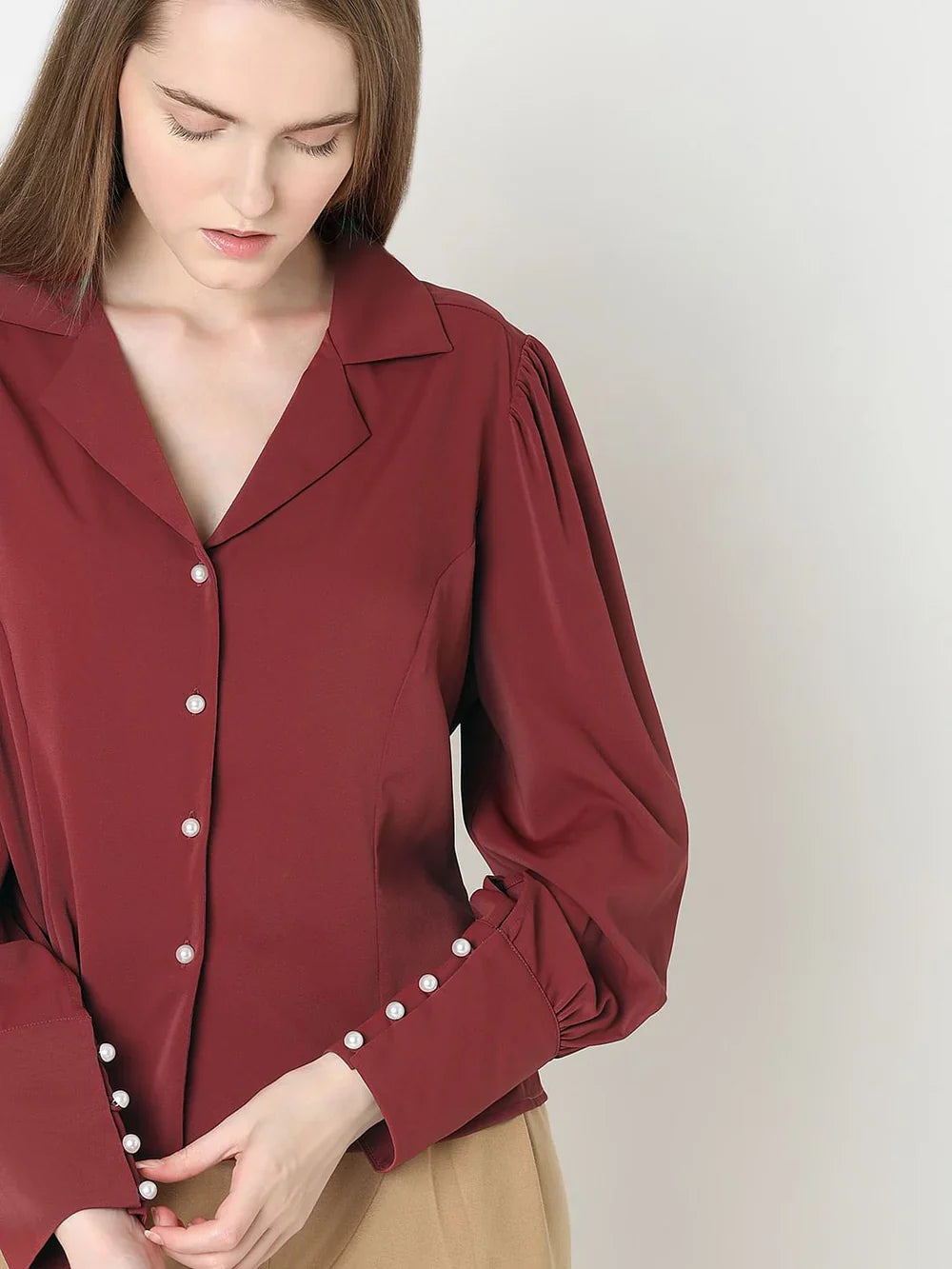 BRICK RED CUFFED SLEEVES SHIRT