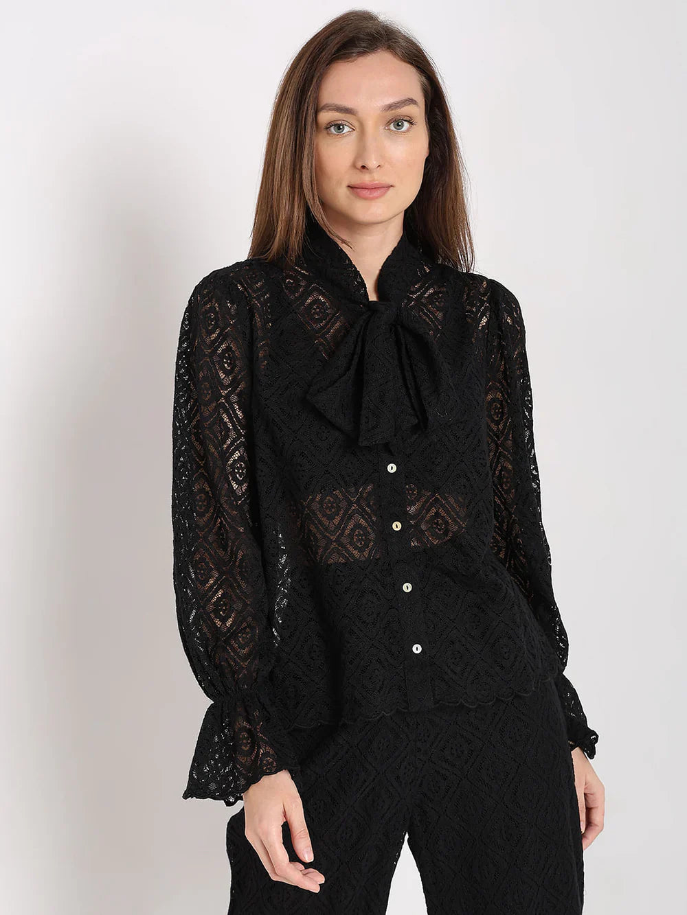 BLACK LACE TIE-UP SHIRT