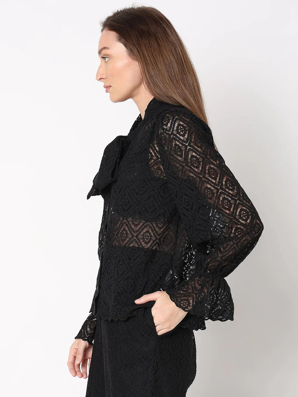 BLACK LACE TIE-UP SHIRT
