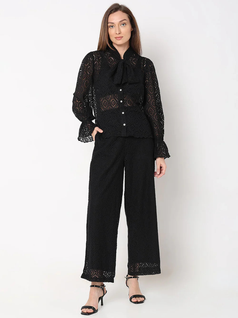 BLACK LACE TIE-UP SHIRT