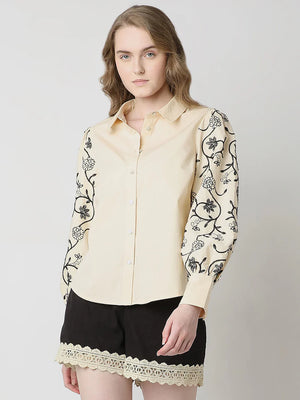 BEIGE EMBROIDERED PRINT SHIRT