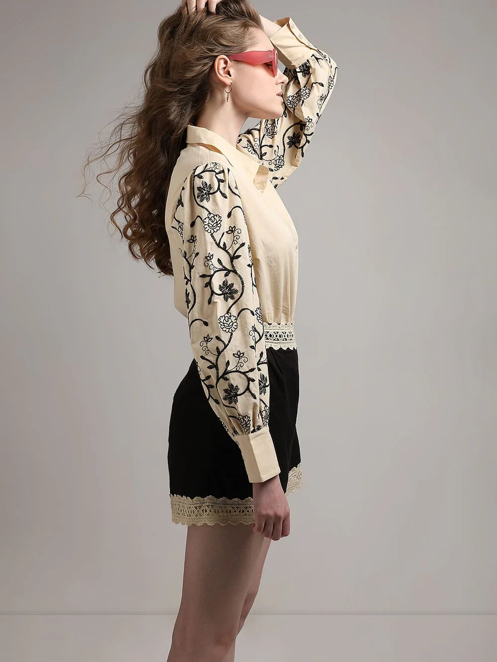BEIGE EMBROIDERED PRINT SHIRT
