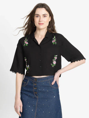 Black embroidered button down crop top