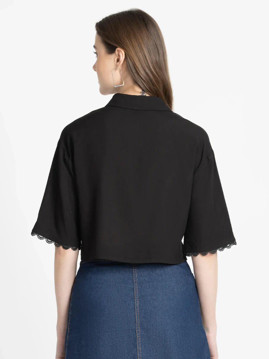 Black embroidered button down crop top