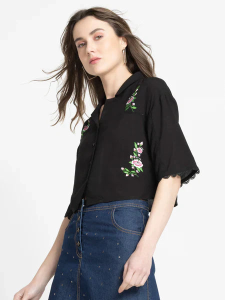 Black embroidered button down crop top