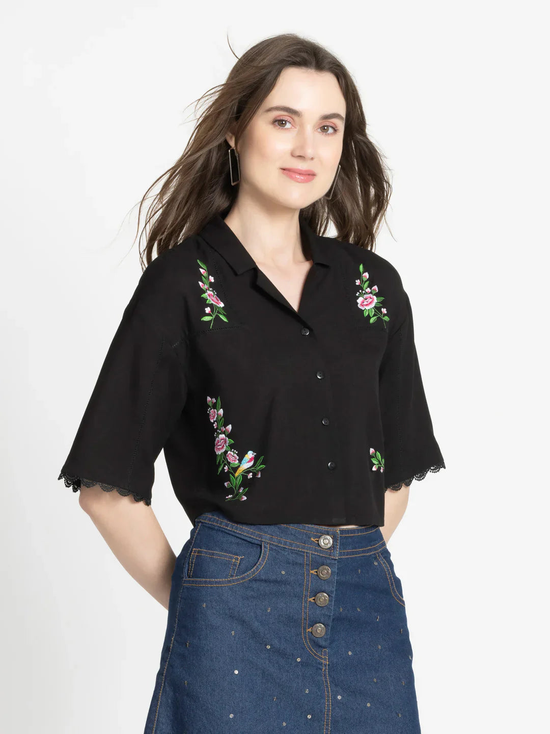 Black embroidered button down crop top