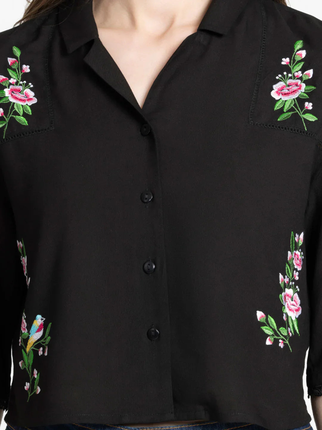 Black embroidered button down crop top