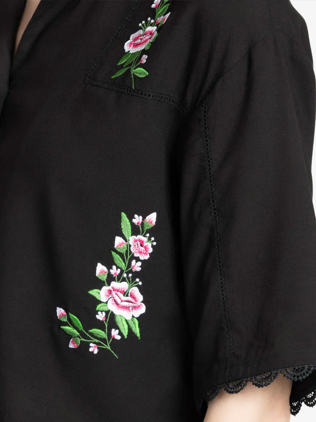Black embroidered button down crop top
