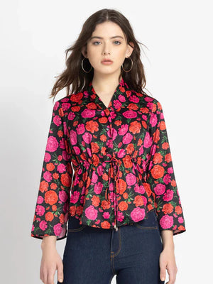 Black floral print cinched waist top