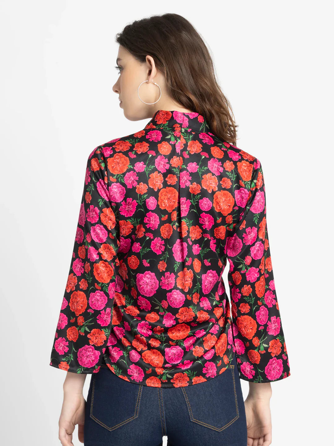 Black floral print cinched waist top