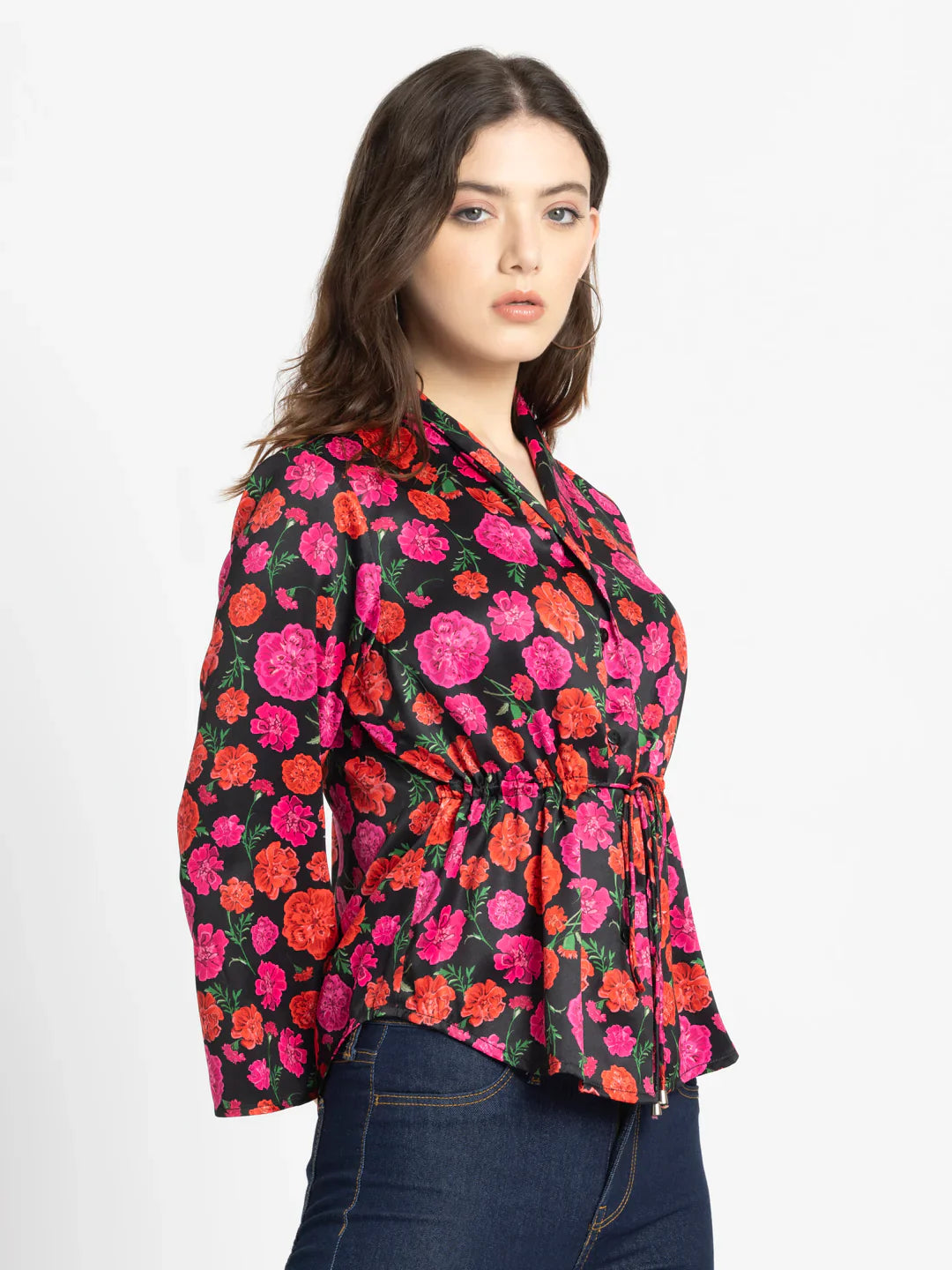 Black floral print cinched waist top