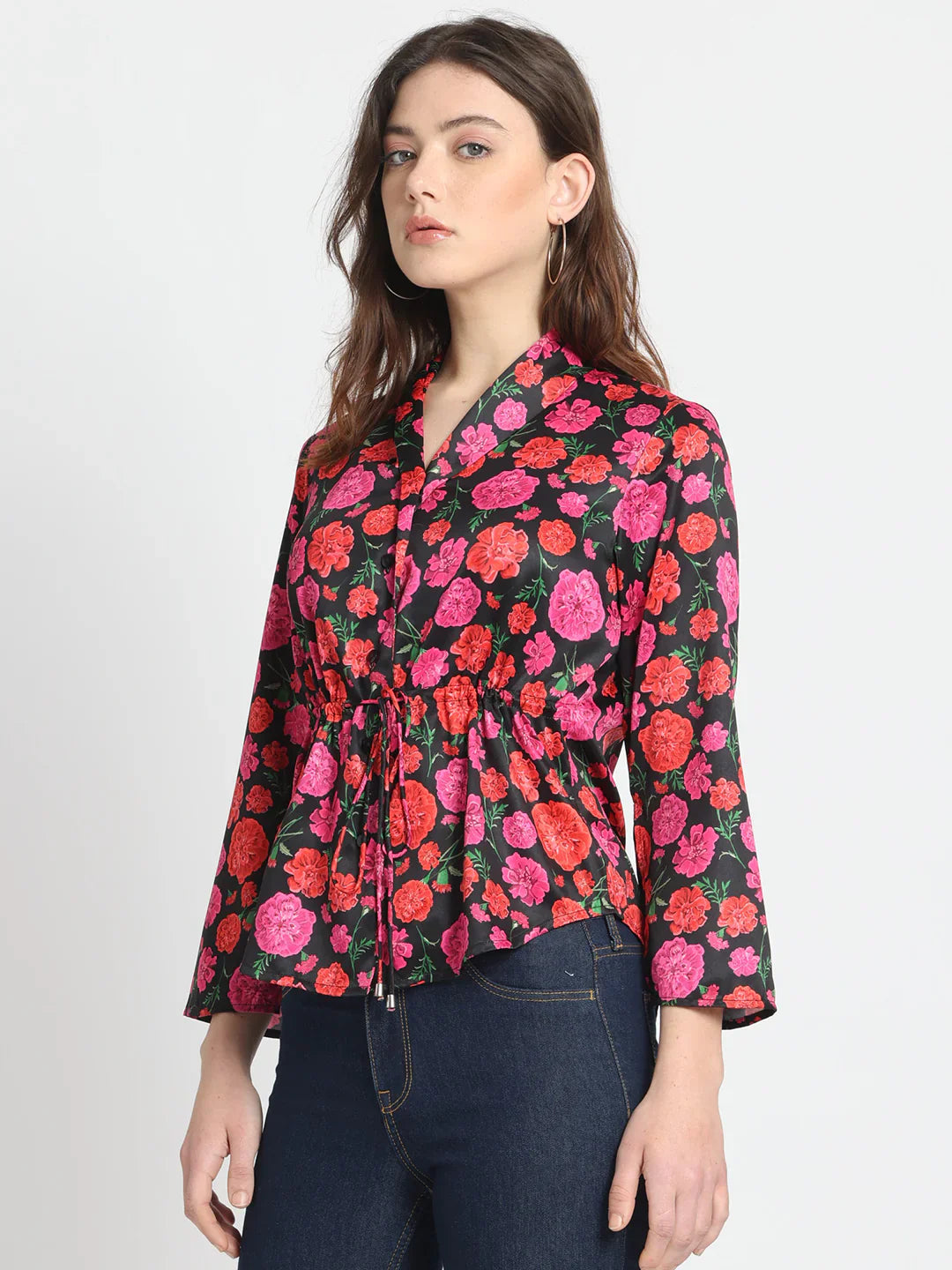 Black floral print cinched waist top