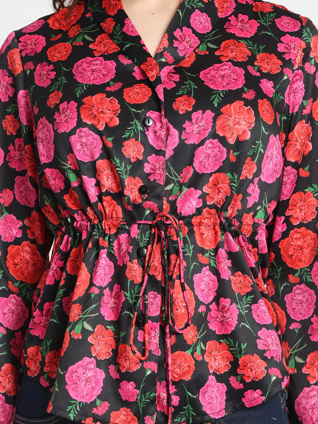 Black floral print cinched waist top