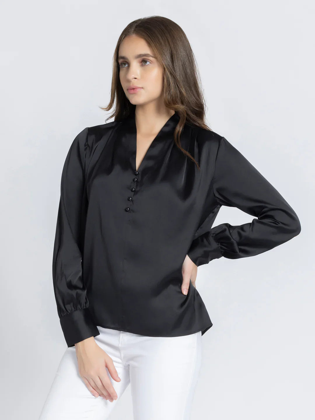 Black solid long cuffed sleeves casual top