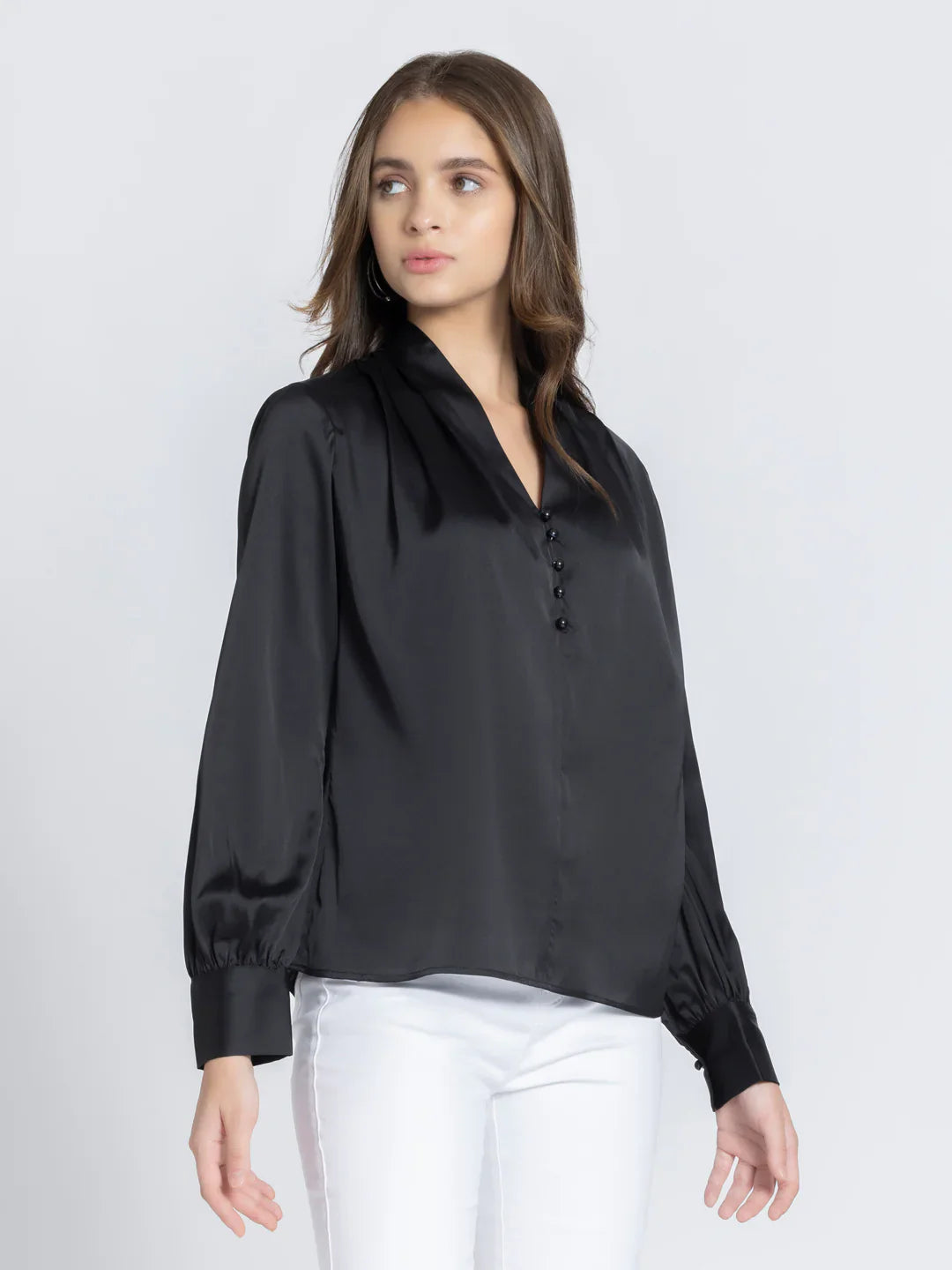 Black solid long cuffed sleeves casual top