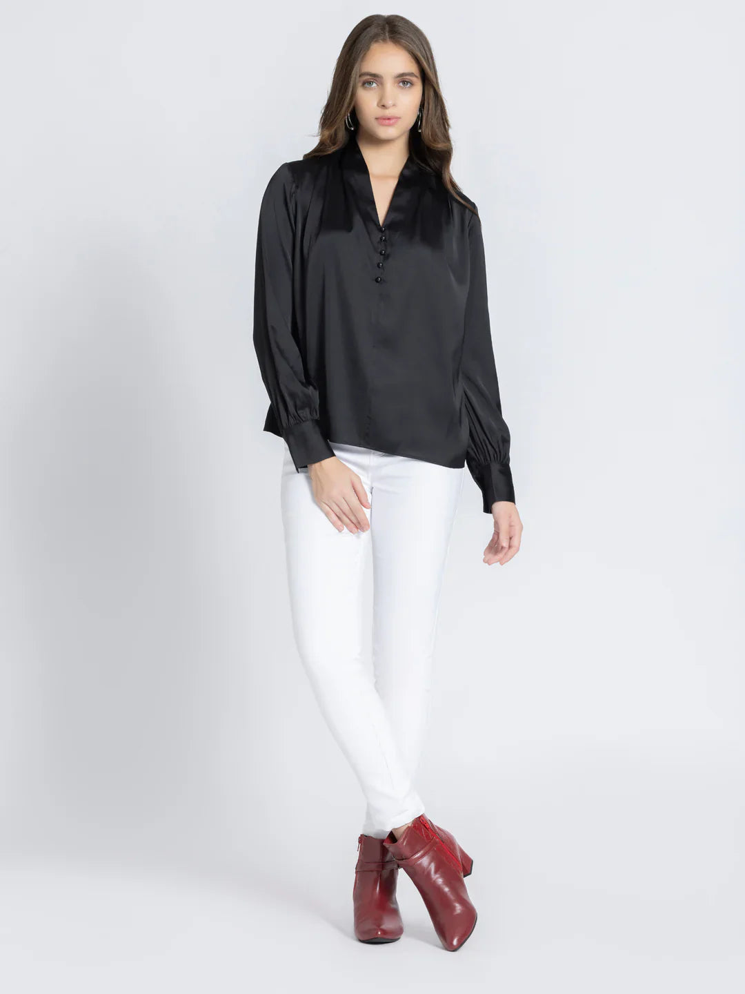 Black solid long cuffed sleeves casual top