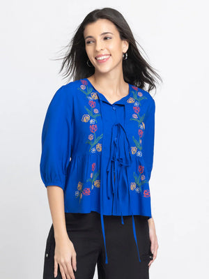 Cobalt blue embroidered round neck button down tie up peplum top