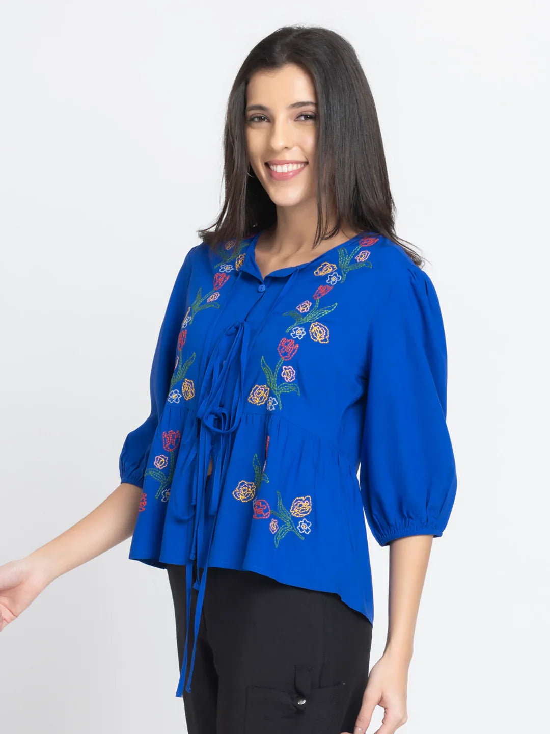 Cobalt blue embroidered round neck button down tie up peplum top