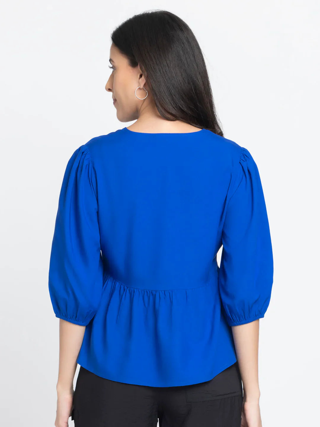 Cobalt blue embroidered round neck button down tie up peplum top