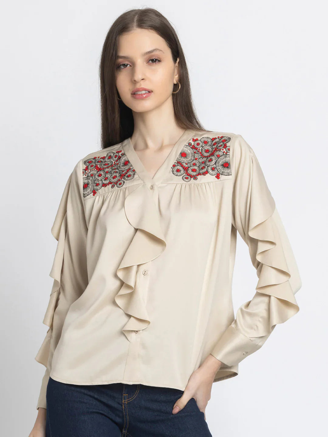 Beige embroidered v-neck full sleeves button down top