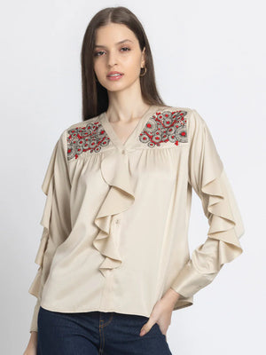 Beige embroidered v-neck full sleeves button down top
