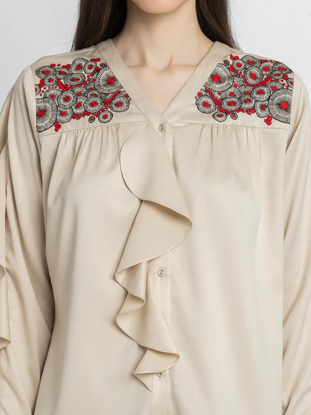 Beige embroidered v-neck full sleeves button down top