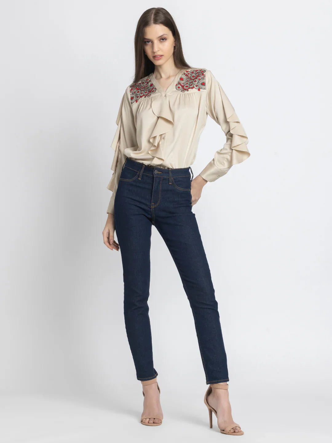 Beige embroidered v-neck full sleeves button down top