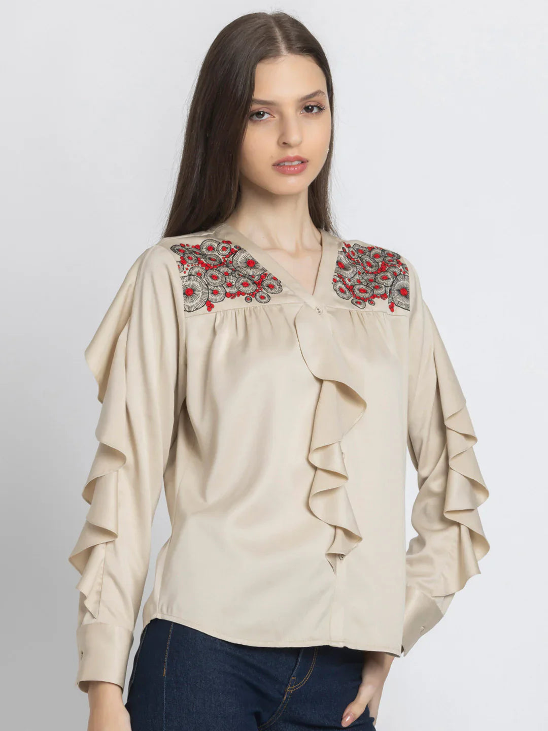 Beige embroidered v-neck full sleeves button down top