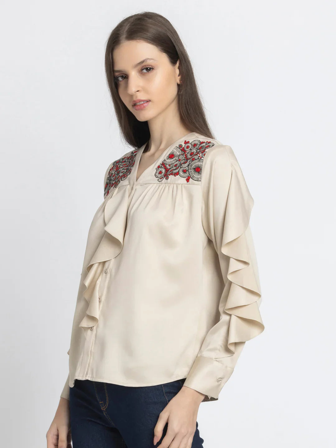 Beige embroidered v-neck full sleeves button down top