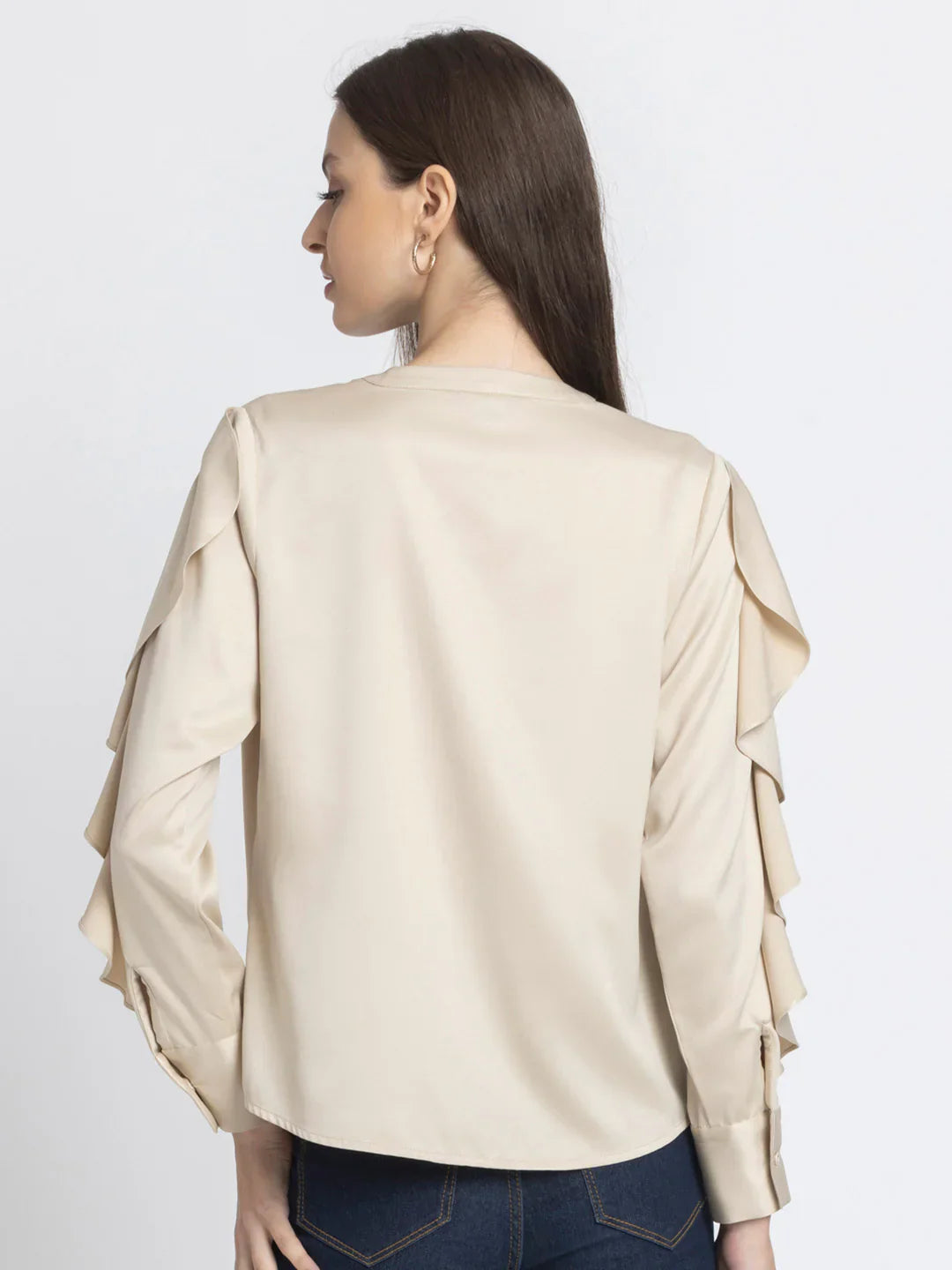Beige embroidered v-neck full sleeves button down top