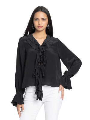 Black v-neck full sleeves ruffled top