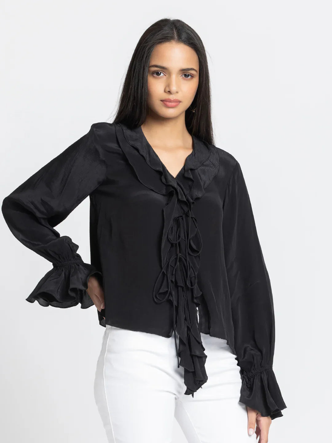 Black v-neck full sleeves ruffled top