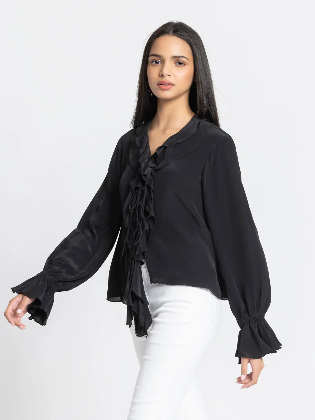 Black v-neck full sleeves ruffled top