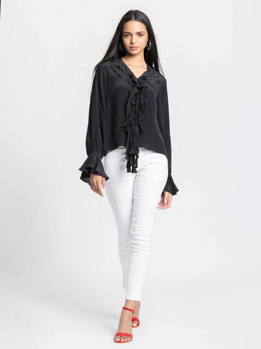 Black v-neck full sleeves ruffled top