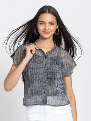 Black v-neck embroidered drop shoulder button down top with cami