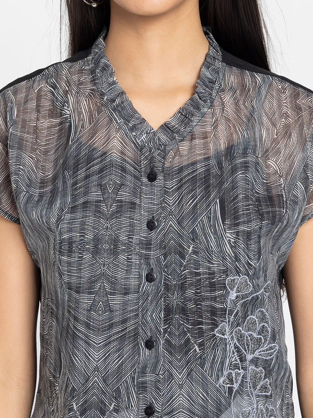 Black v-neck embroidered drop shoulder button down top with cami