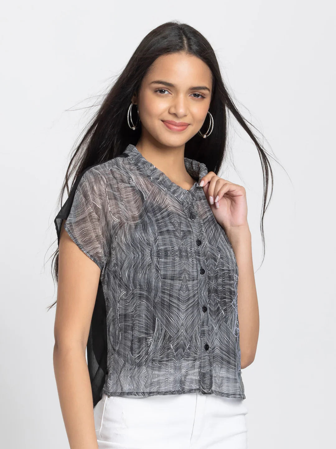 Black v-neck embroidered drop shoulder button down top with cami