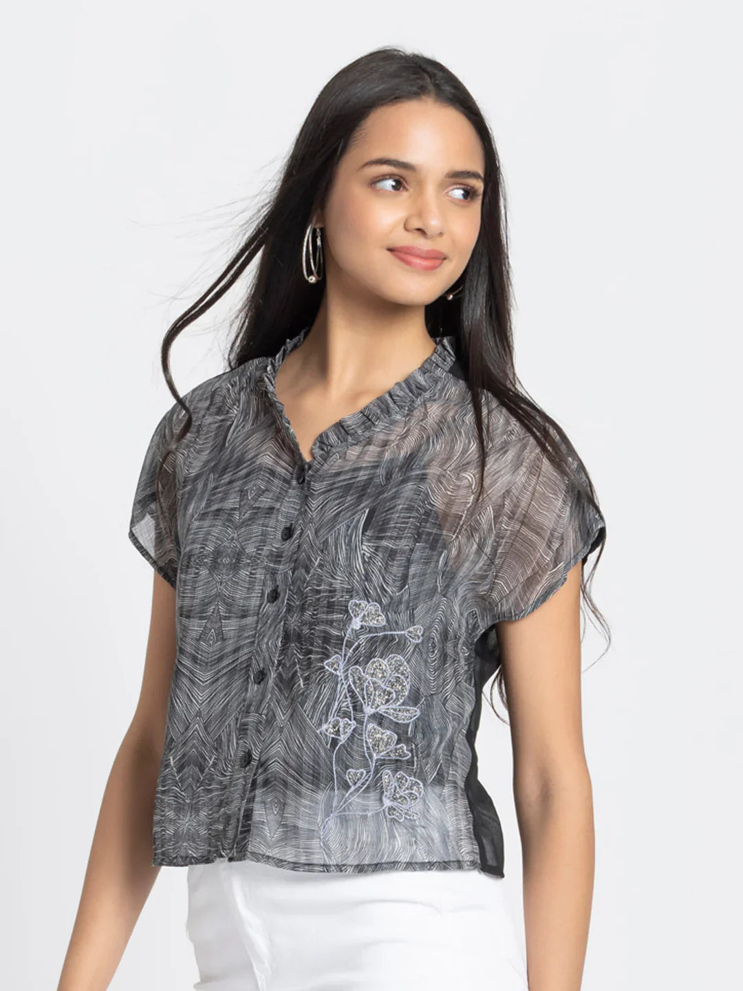 Black v-neck embroidered drop shoulder button down top with cami
