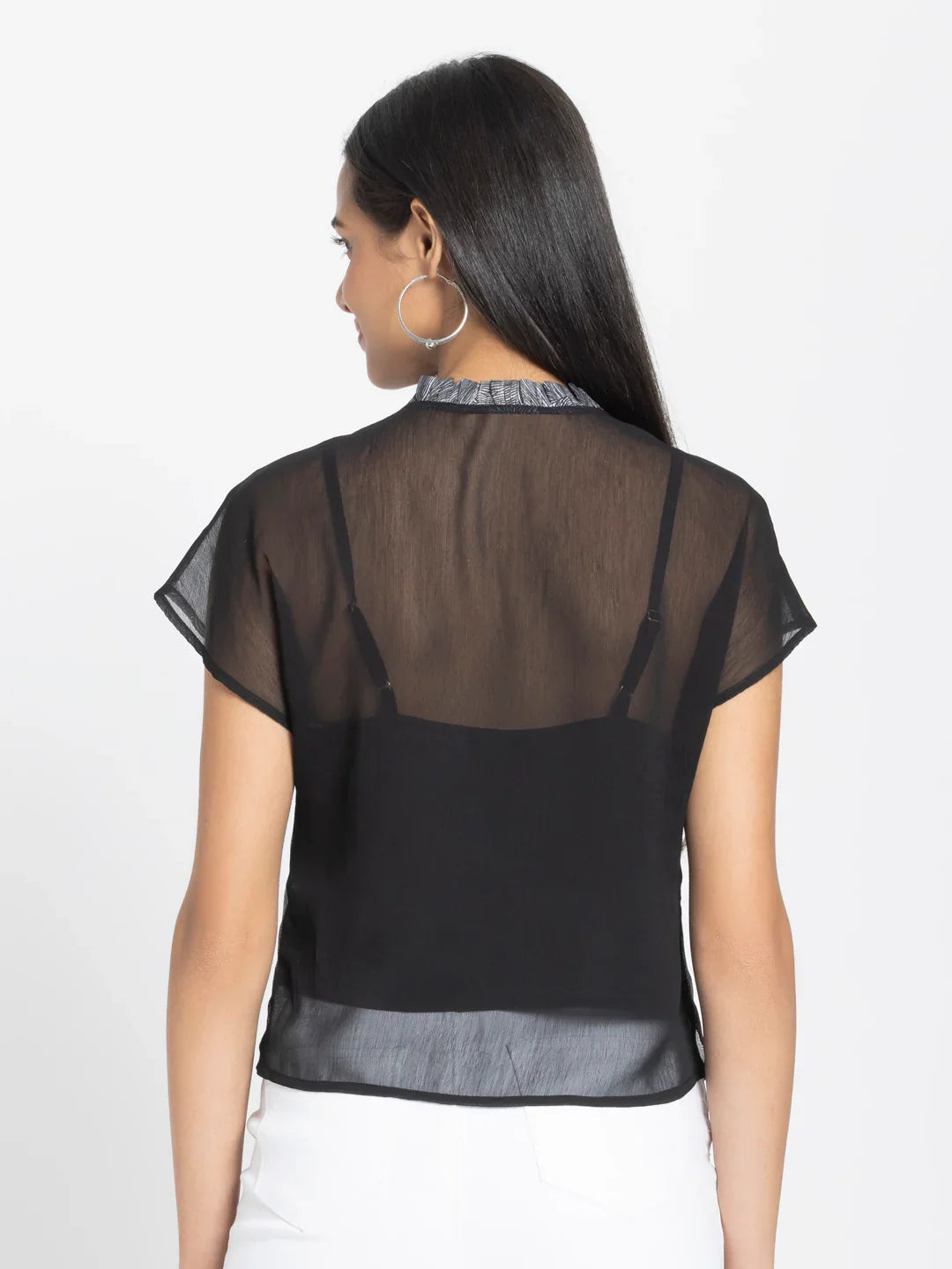 Black v-neck embroidered drop shoulder button down top with cami