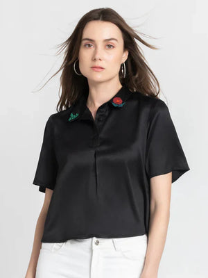 Black shirt collar embroidered short sleeves top