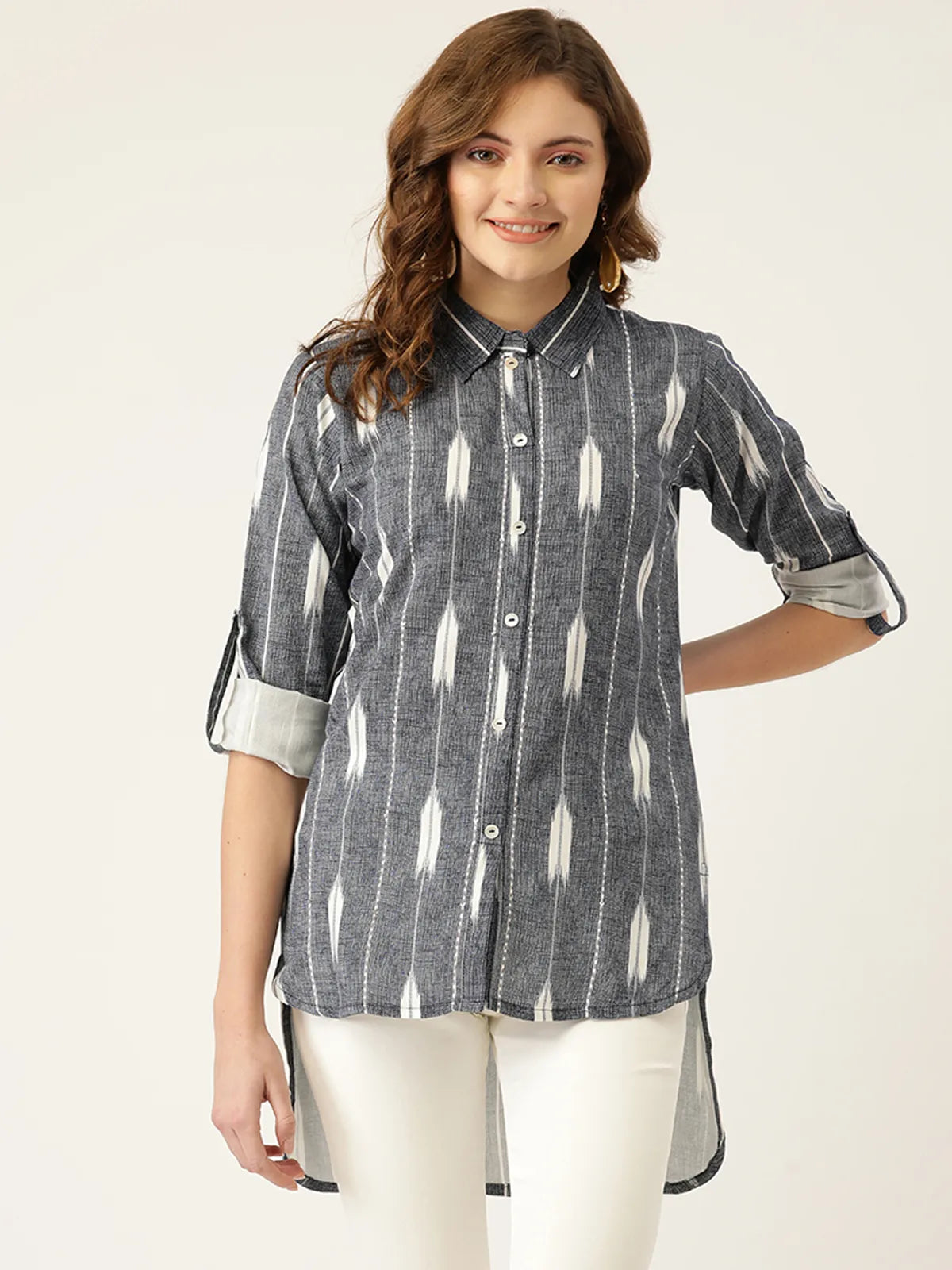 Grey Rayon Shirt Collar Printed Tops For Women