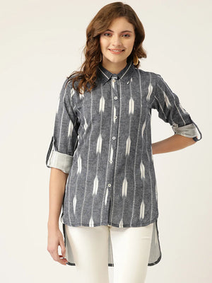 Grey Rayon Shirt Collar Printed Tops For Women
