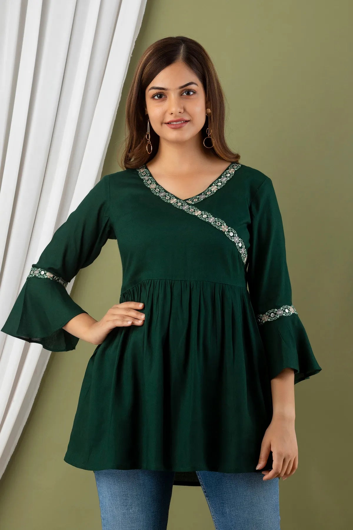 Green Rayon & Regular Fit Tops & Tunics For Women
