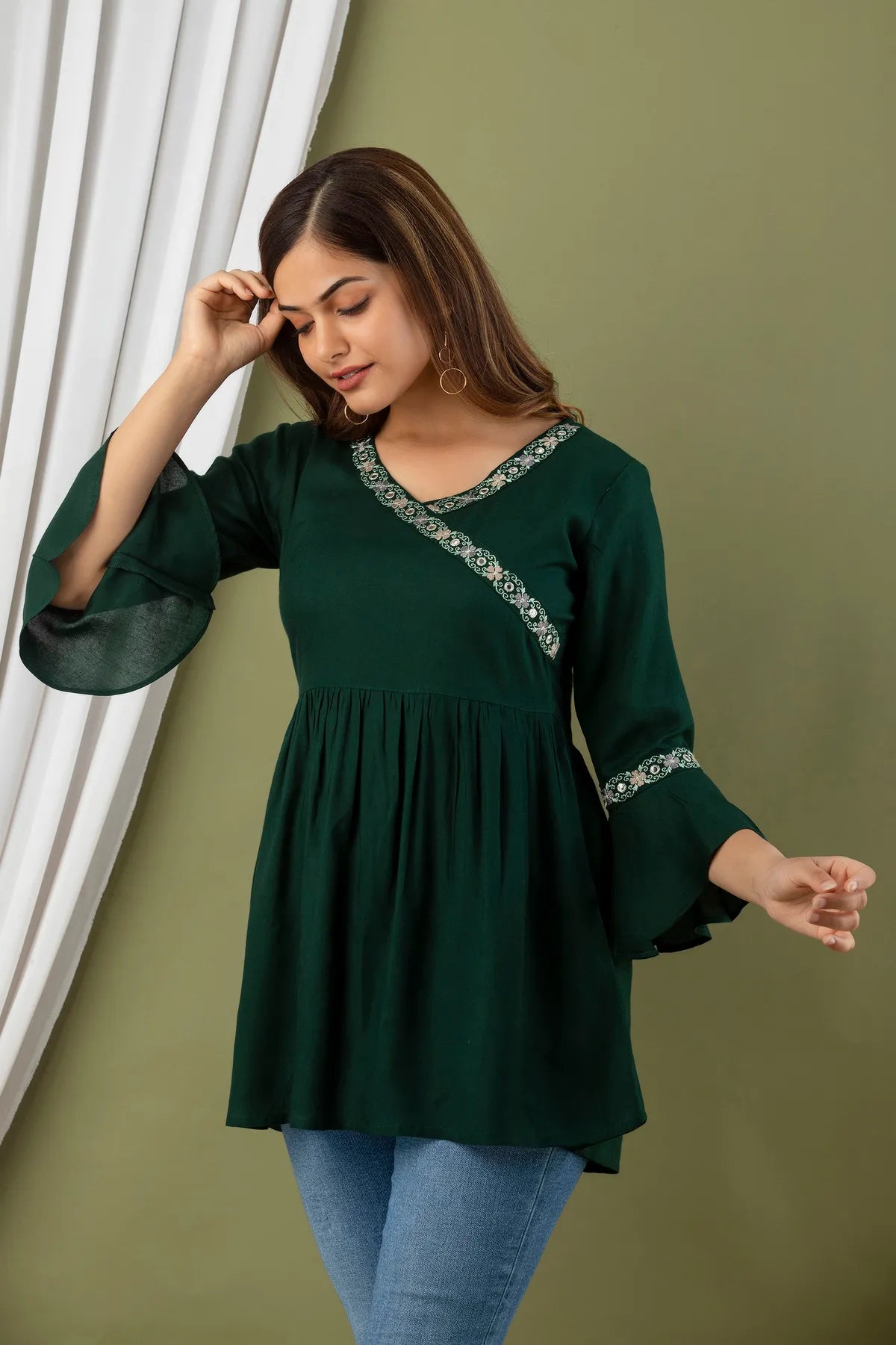 Green Rayon & Regular Fit Tops & Tunics For Women