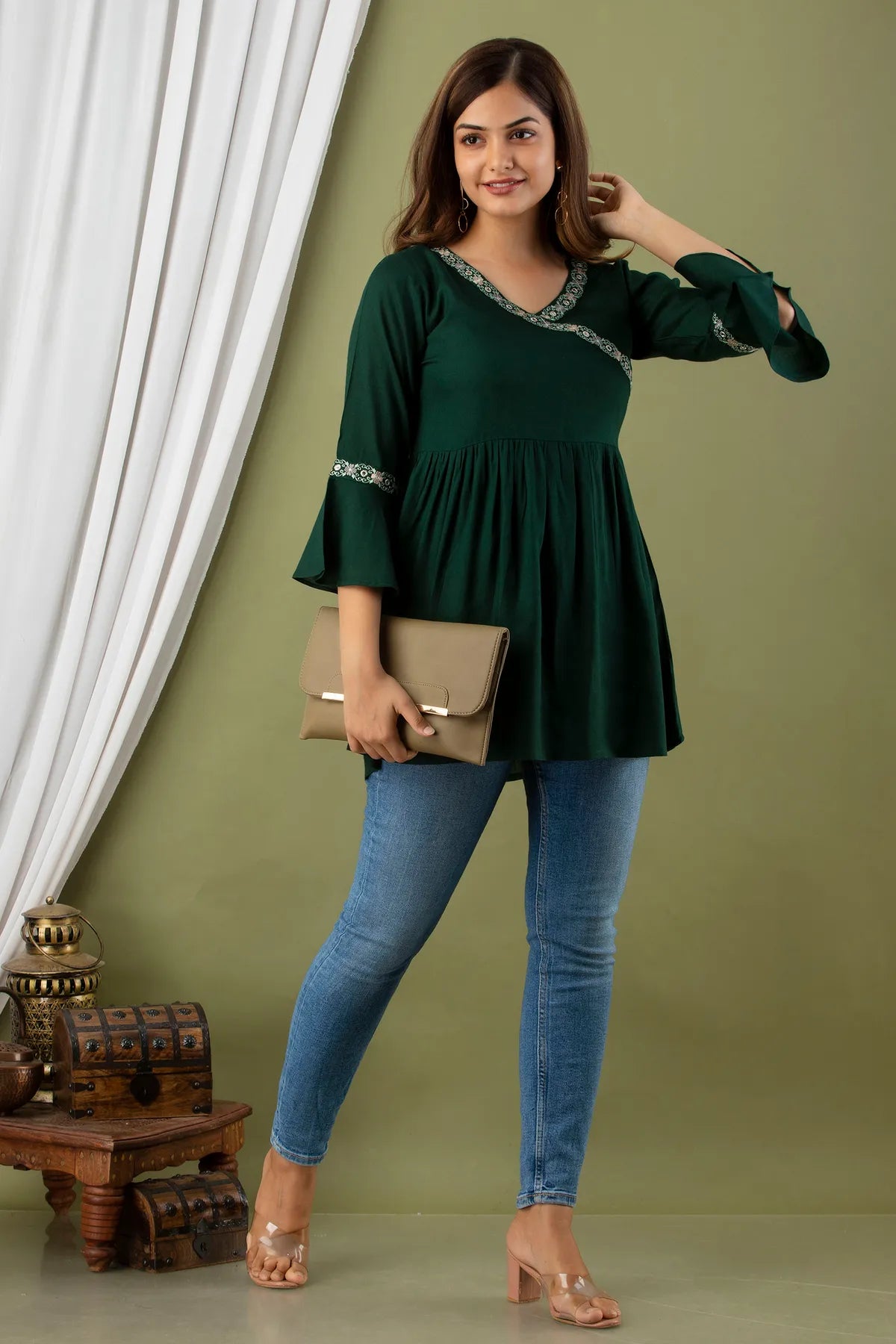 Green Rayon & Regular Fit Tops & Tunics For Women