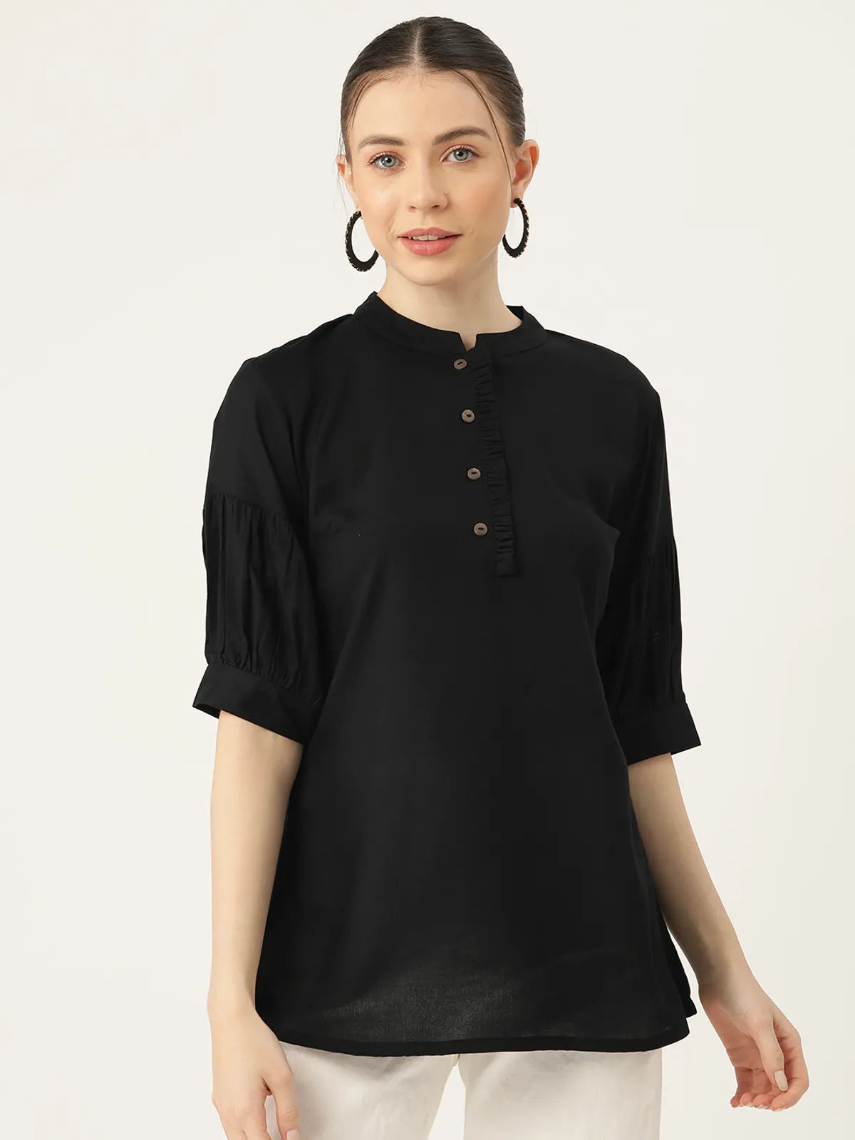 Black Rayon Collar Regular Fit Tops & Tunics For Women
