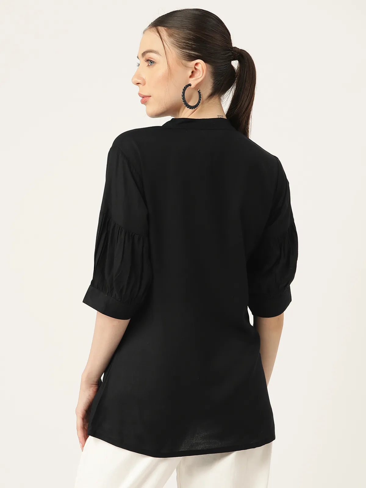 Black Rayon Collar Regular Fit Tops & Tunics For Women